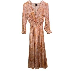 Kate‎ & Lily Peach Brown Paisly Smocked Long Sleeve Maxi Dress Flowing Sheer 6